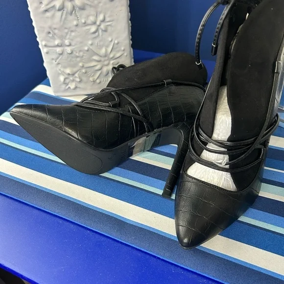 New black open croc animal print lace up high heel pointed pump boots - Picture 11 of 16